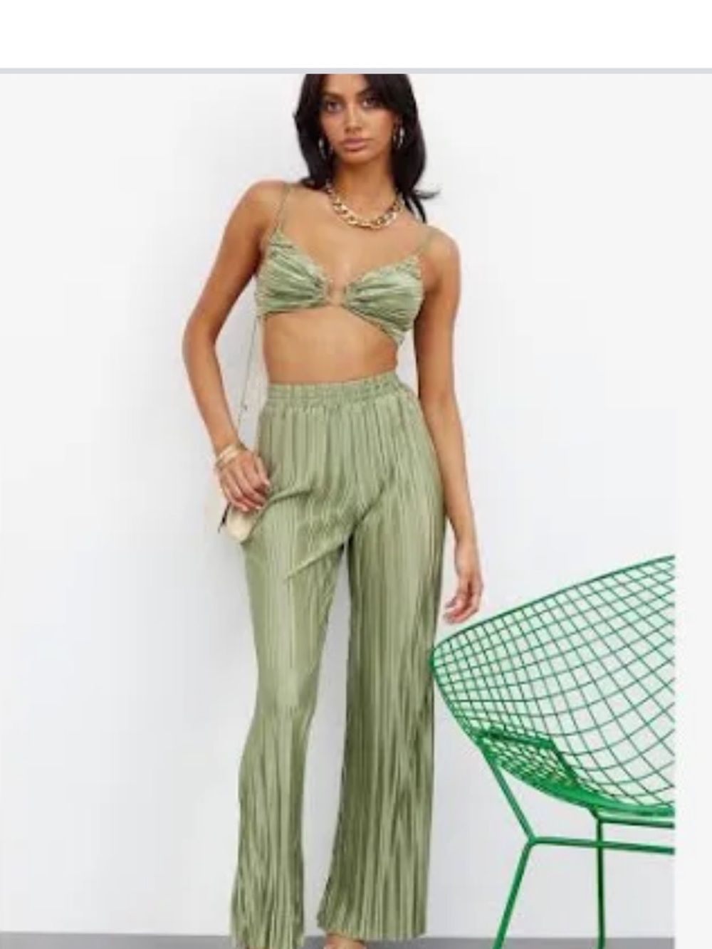Hello Molly Sage Green Pleated Wide-Leg Pants